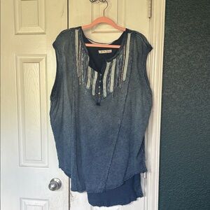 We The Free Blue Sleeveless Tunic with Fringe